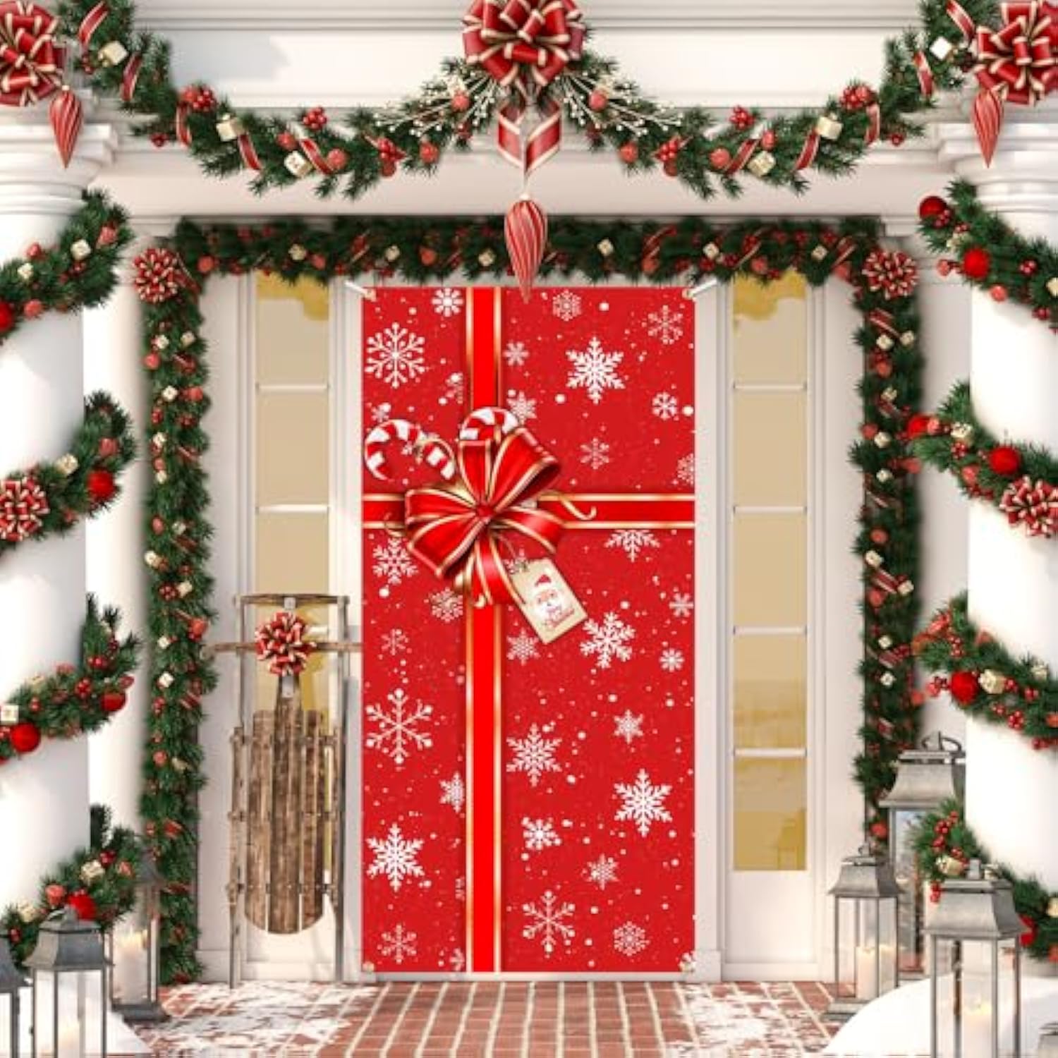 Red Christmas Door Decorations - 72.8 X 35.4 Inch Merry Xmas Cover Banner For Front Door | Outdoor Holiday Porch Signs With Bowknot, Party Supplies, Easy Hanging Winter Photo Booth Props