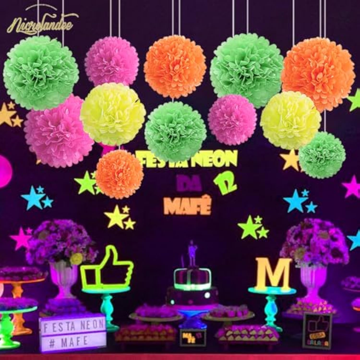 Blacklight Party Decorations - 12 Pcs Fluorescent Neon Tissue Paper Pom Poms For Birthday, Wedding, Baby Shower, Glow-In-The-Dark, Neon, Prom Dance Party Photography