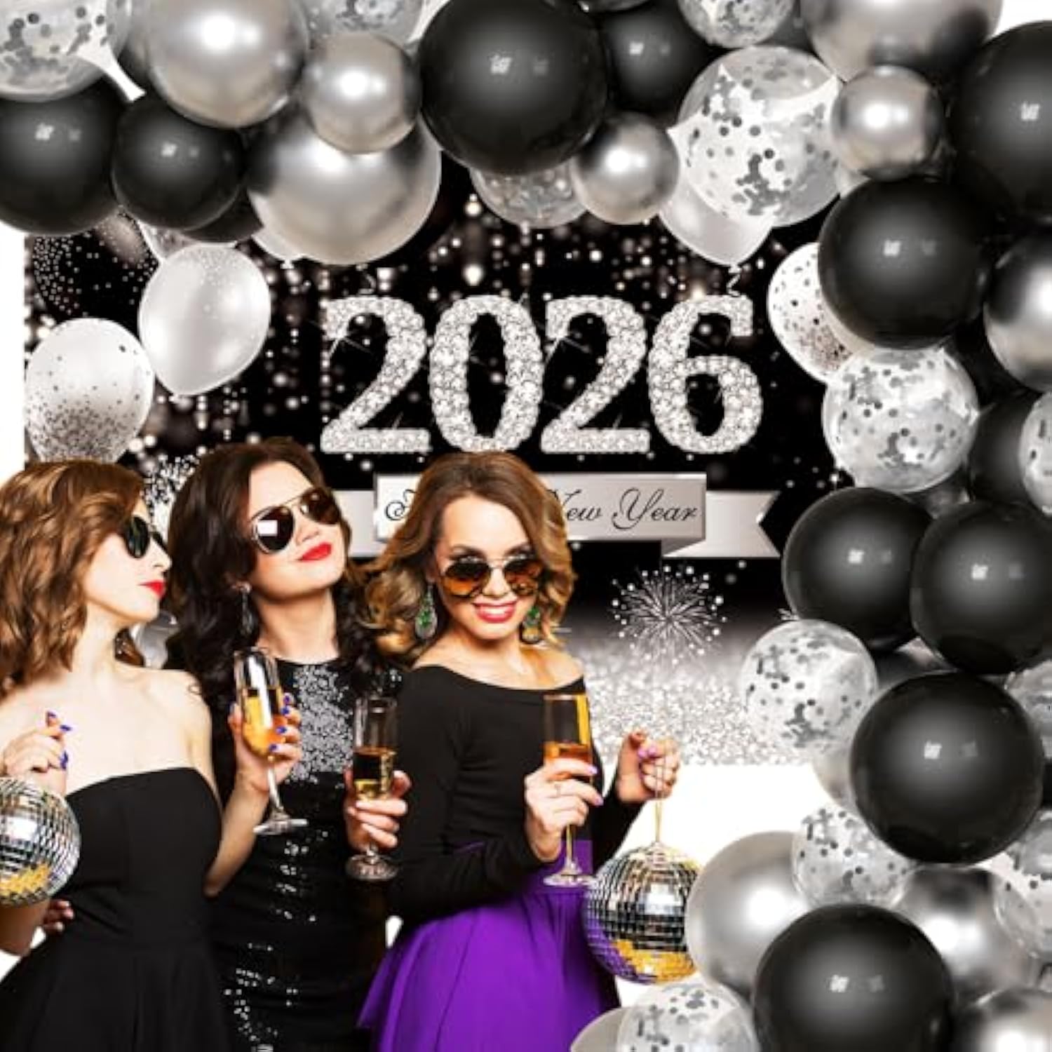 79 Pcs Black Silver Happy New Year 2026 Party Decoration Kit