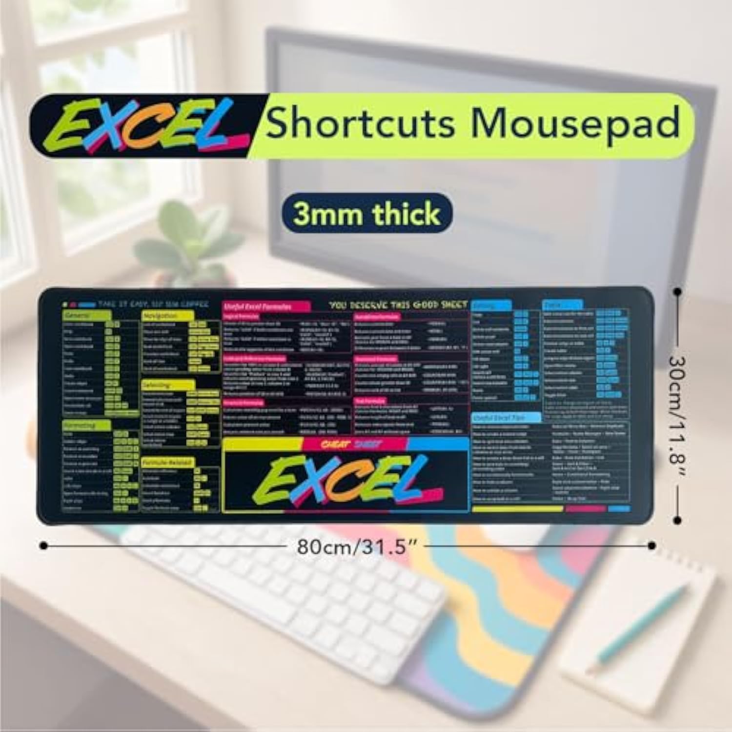 Excel Shortcuts Mousepad, Large Excel Cheat Sheet Desk Mat With Stitched Edge Non-Slip Excel Mouse Pad For Office And Work From Home (Colorful)