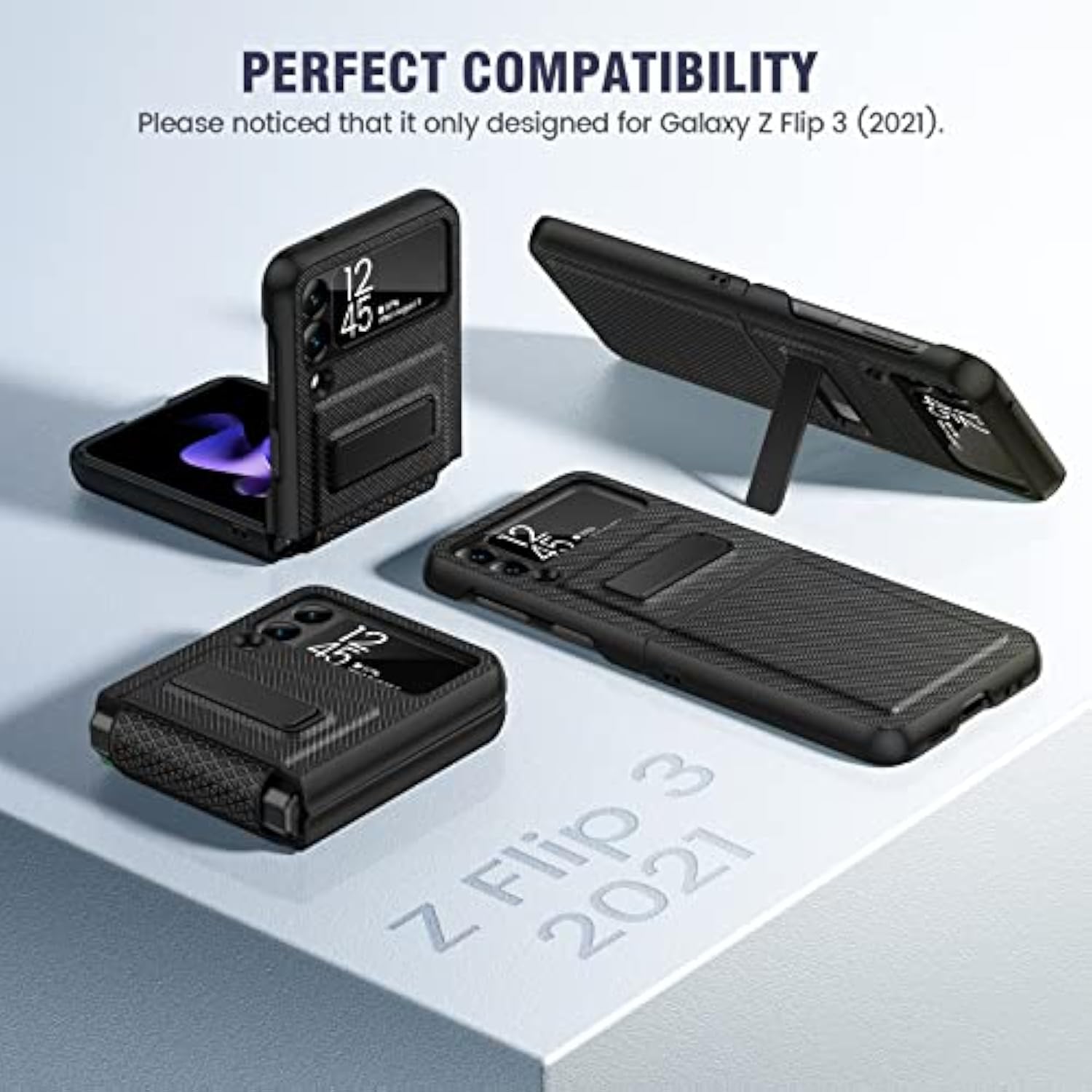 Compatible For Galaxy Z Flip 3 5G Kickstand Case, Z Flip 3 Case With Camera Protector Hinge Protection Wireless Charging Cover For Samsung Galaxy Z Flip 3 (Carbon Fiber Black)