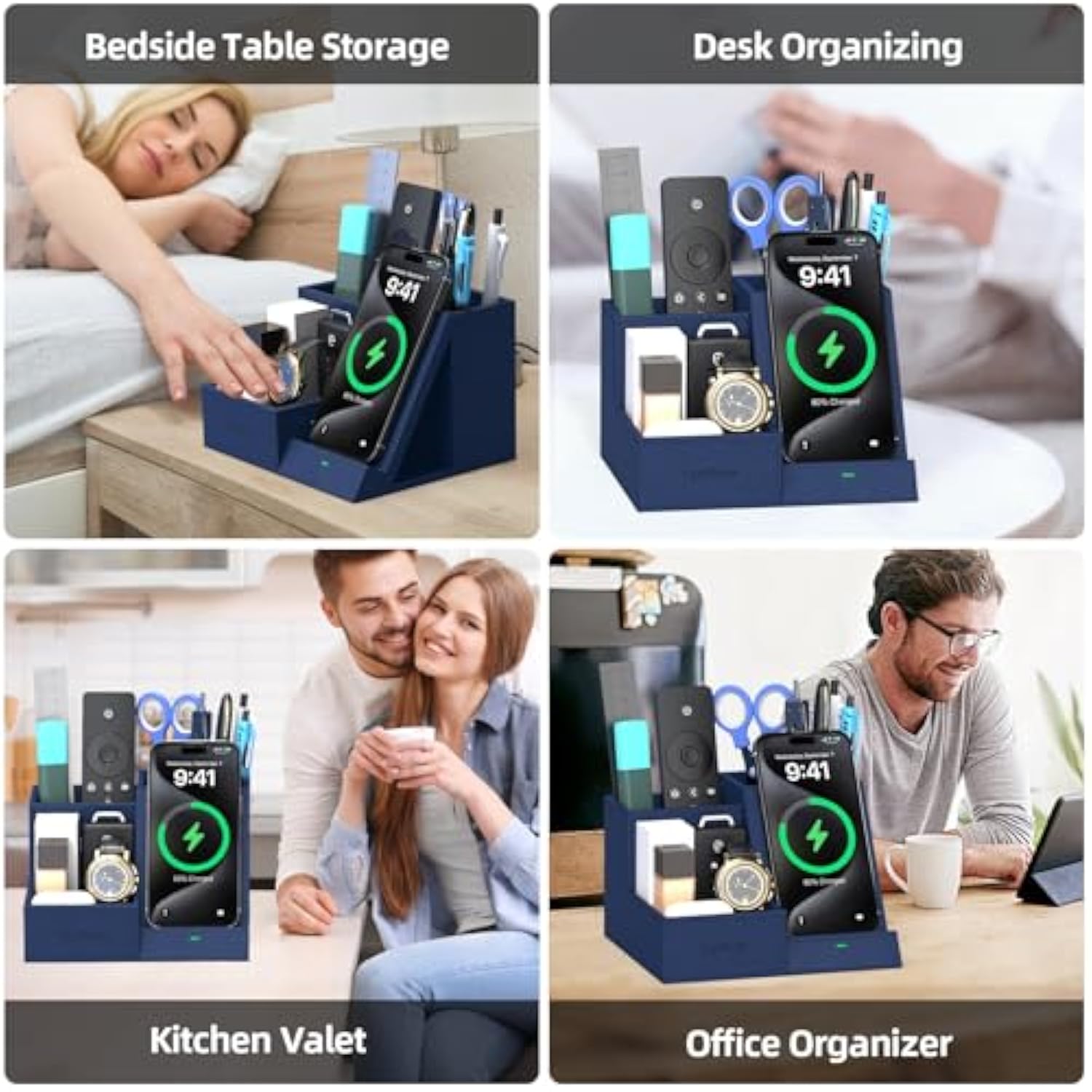 Wireless Charger With Desk Nightstand Organizer, Leather Pen Pencil Holder Bedside Fast Charging Station, For Iphone Charging Stand Office Supplies Desk Accessories, Gifts For Men(Blue)