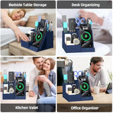 Wireless Charger With Desk Nightstand Organizer, Leather Pen Pencil Holder Bedside Fast Charging Station, For Iphone Charging Stand Office Supplies Desk Accessories, Gifts For Men(Blue)
