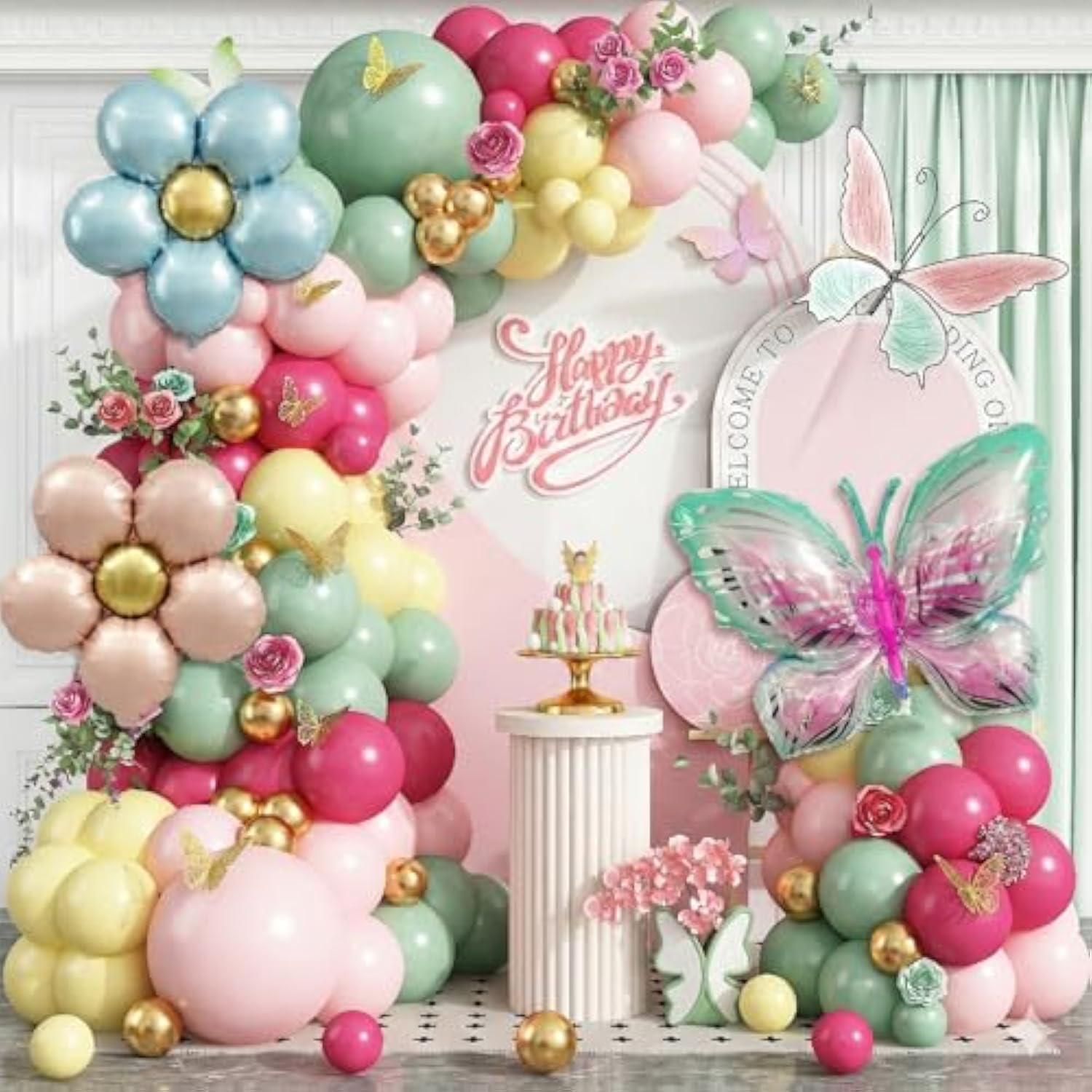 Spring Floral Butterfly Balloon Arch Kit,155Pcs Pastel Rose Red Yellow Pink Green Balloon Garland With 3D Stickers Daisy Butterfly Foil Balloons For Fairy Baby Shower Birthday Tea Party Decorations