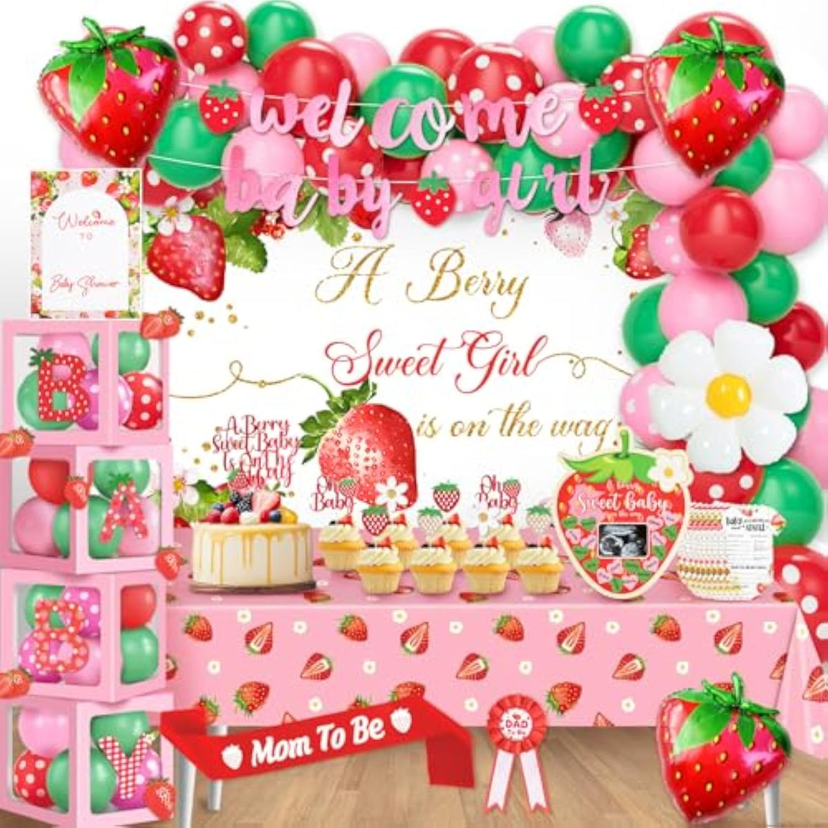 Strawberry Baby Shower Decorations, Berry Sweet Welcome Baby Party Supplies Girl Gender Reveal Party Decor, A Berry Sweet Girl Is On The Way Strawberry Backdrop Balloon Arch Box Kit