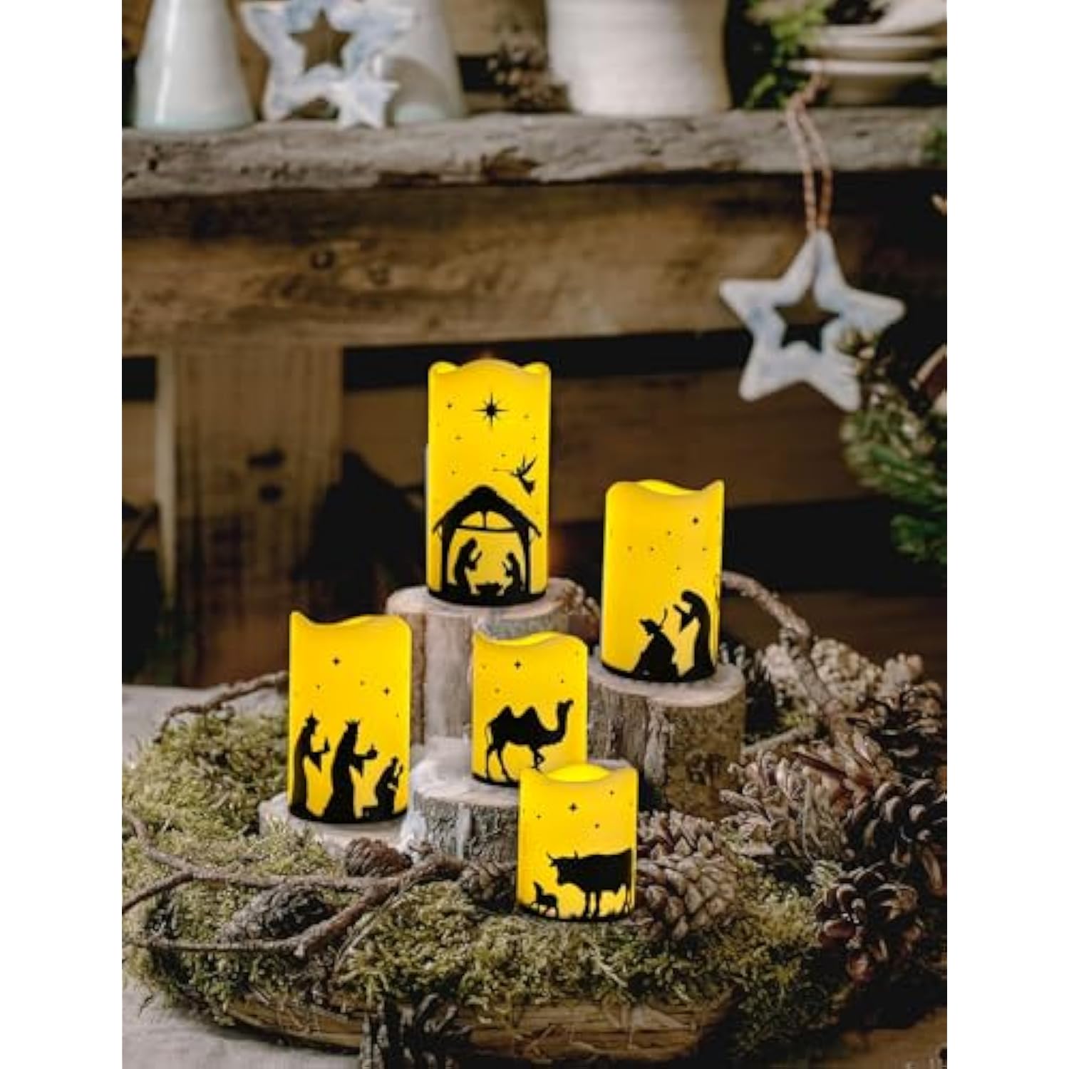 Flameless Christmas Nativity Scene Candles, Pillar Flickering Religion Candle With Timer Remote,Battery Operated Led Fake Candle For Xmas Home Holiday Decor Set Of 5