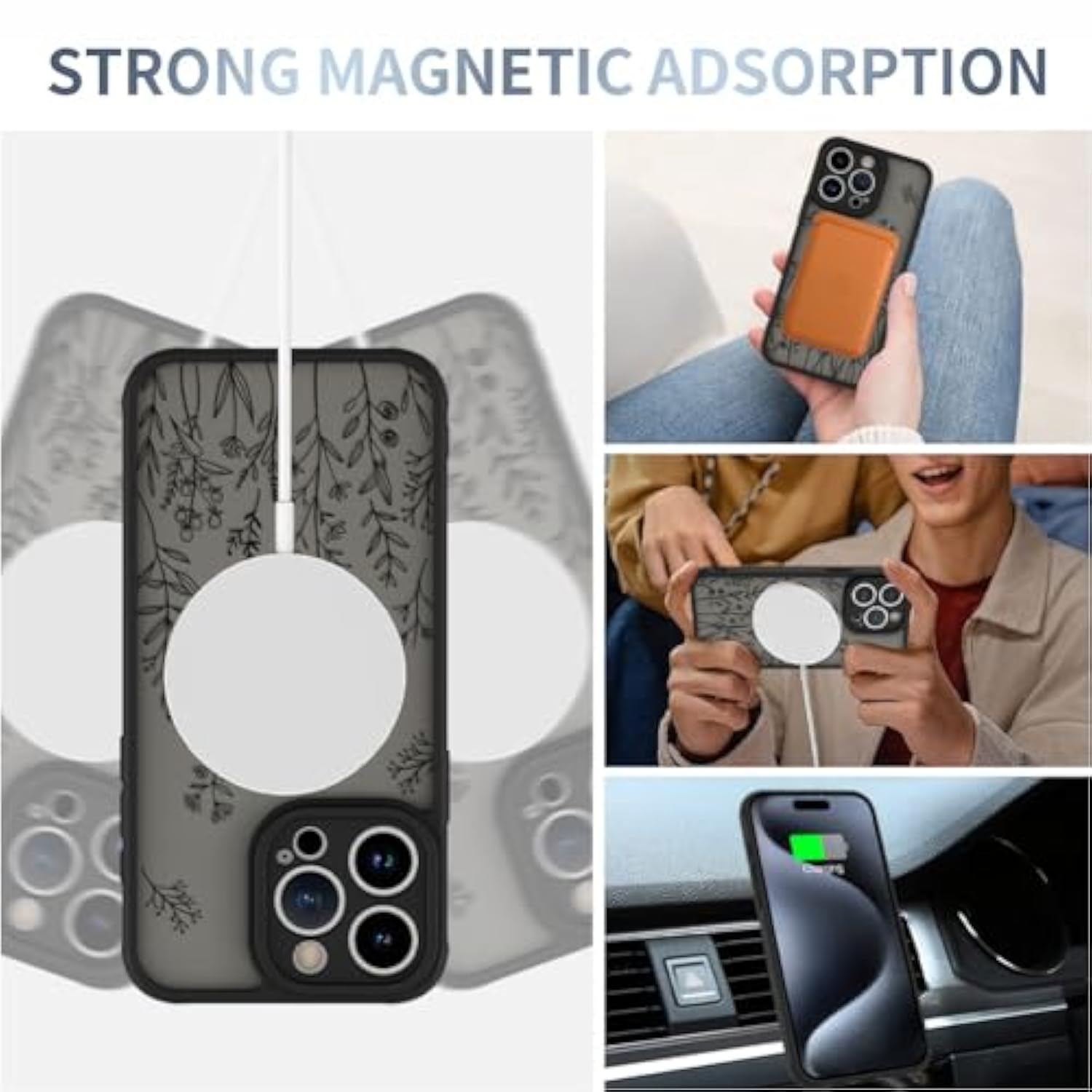 Magnetic Case For Iphone 15 Pro [Compatible With Magsafe] Cute Black Flower Floral For Women Girls Soft Tpu Bumper Hard Pc Back Anti-Fall Shockproof Protective Slim Cover