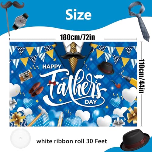 Father's Day Backdrop, Happy Fathers Day Decorations Blue Gold Dad Party Banner Background with Mustache Tools Balloons Gifts Pennants for Photo Booth, 71 x 43 Inch