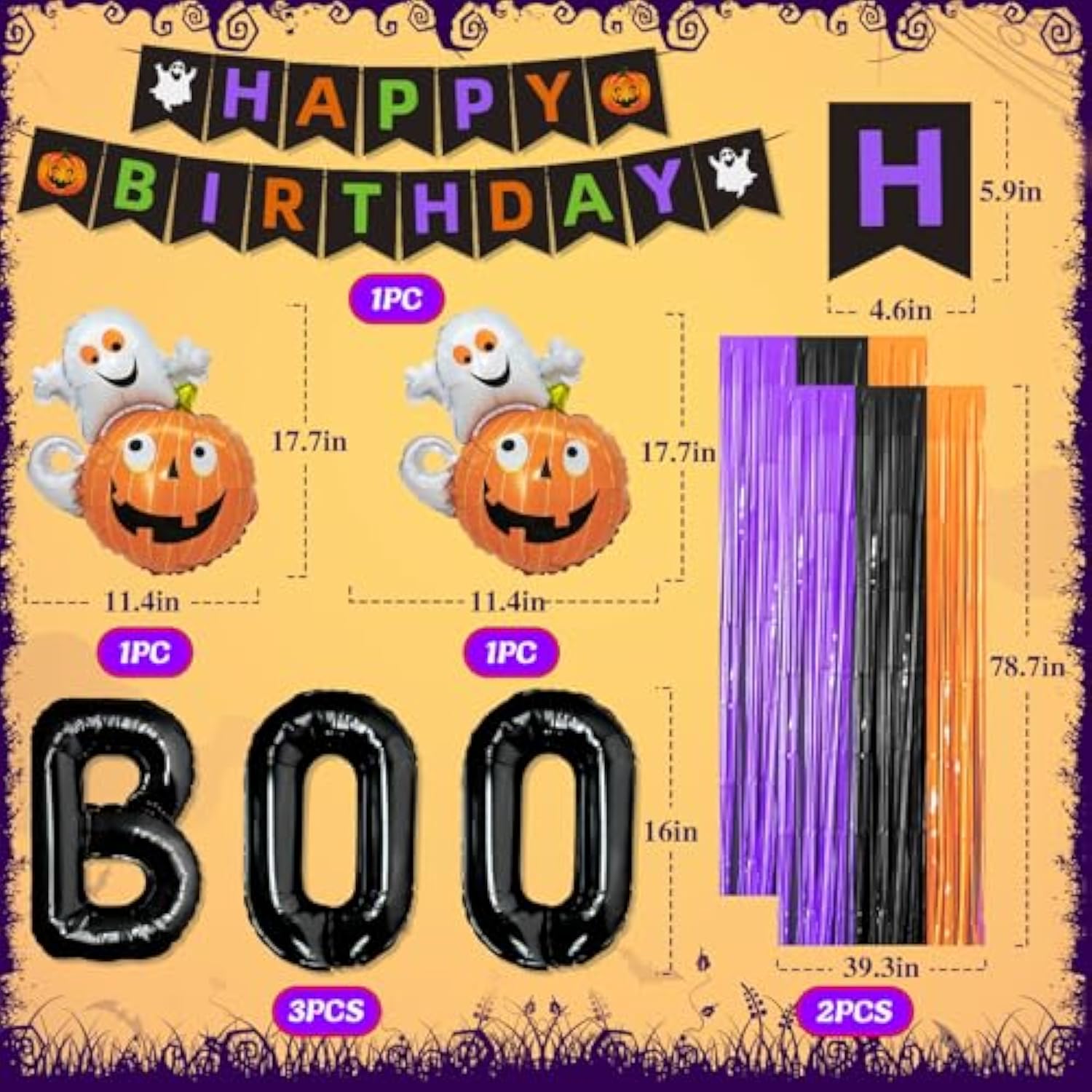 110Pcs Halloween Party Decorations - Banner, BOO Balloons, Swirls, Props & Gift Bags