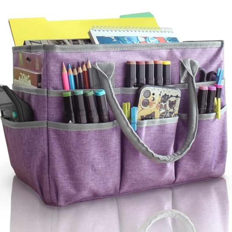 Art Organizer Craft Storage Tote Bag With Pockets And Handles, Oxford Fabric Carrying Caddy For Teacher, Officer, Artist, Traveler, And More –Purple