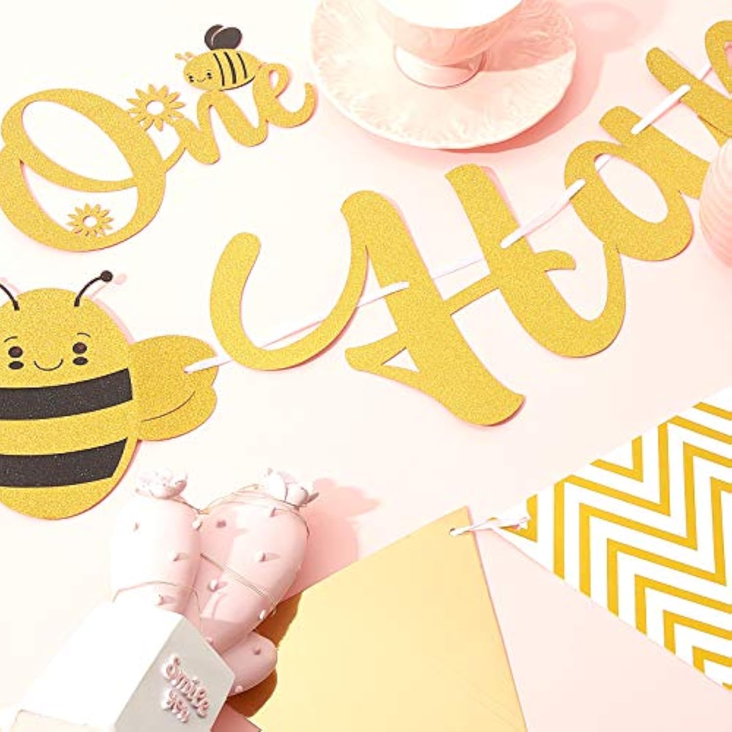 Happy 1St Bee Day Gold Glitter Banner One Cake Topper Golden Triangle