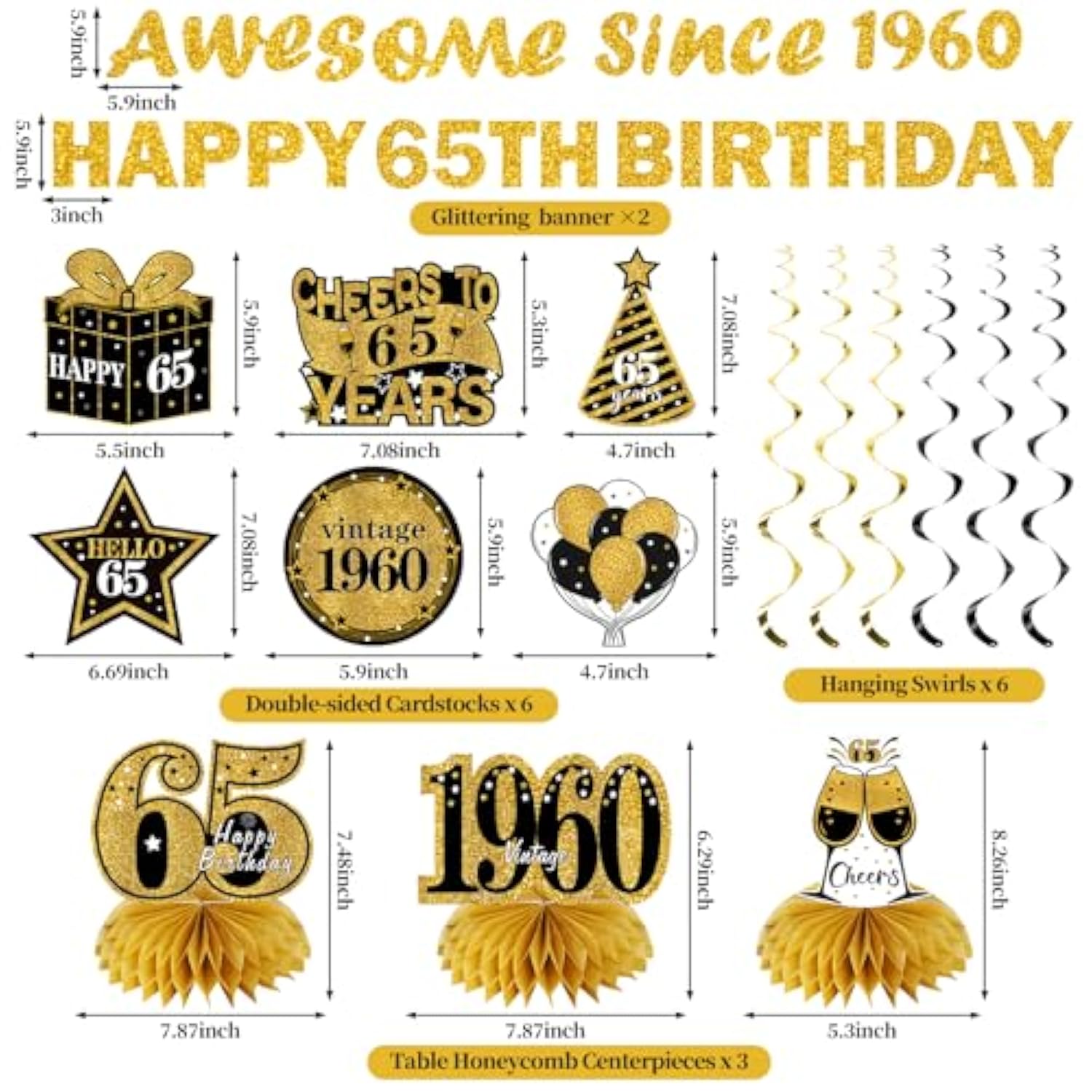 11Pcs 65th Birthday Kit - Black & Gold Banner, Centerpieces & Party Supplies