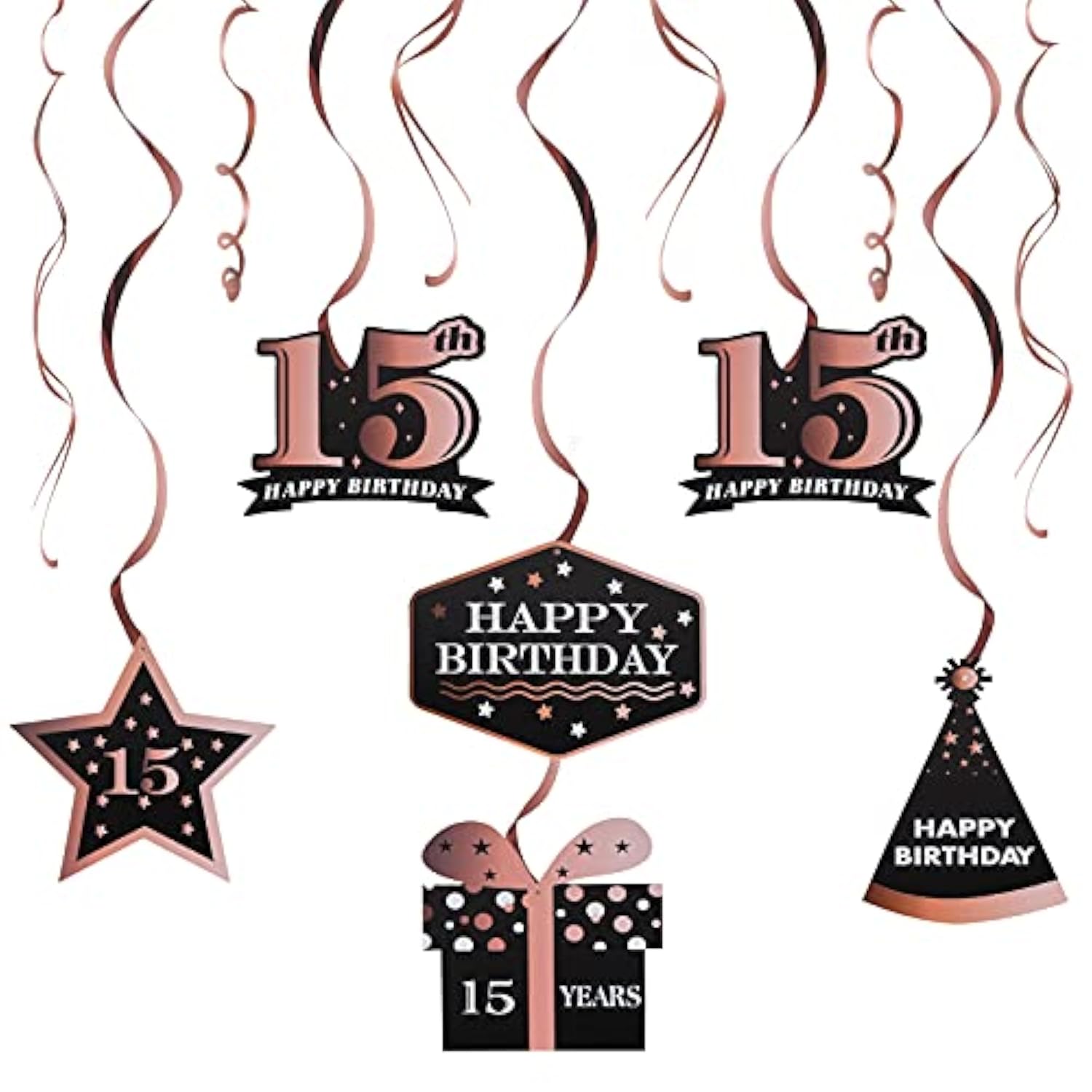 Happy 15Th Birthday Decorations - 12Pcs Birthday Black & Rose Gold Foil Swirls Streamer Set,Cheers To Fifteen Years Old Bday Party Decorations Gift Sign.