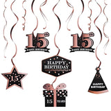 Happy 15Th Birthday Decorations - 12Pcs Birthday Black & Rose Gold Foil Swirls Streamer Set,Cheers To Fifteen Years Old Bday Party Decorations Gift Sign.