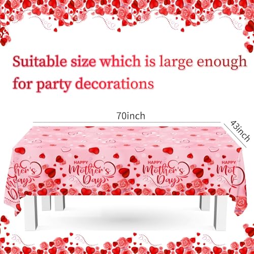 3Pcs Mothers Day Decorations Tablecloth, Happy Mothers Day Tablecloth Pink Rose Heart Disposable Waterproof Plastic Table Covers for Mother's Day Table Decorations