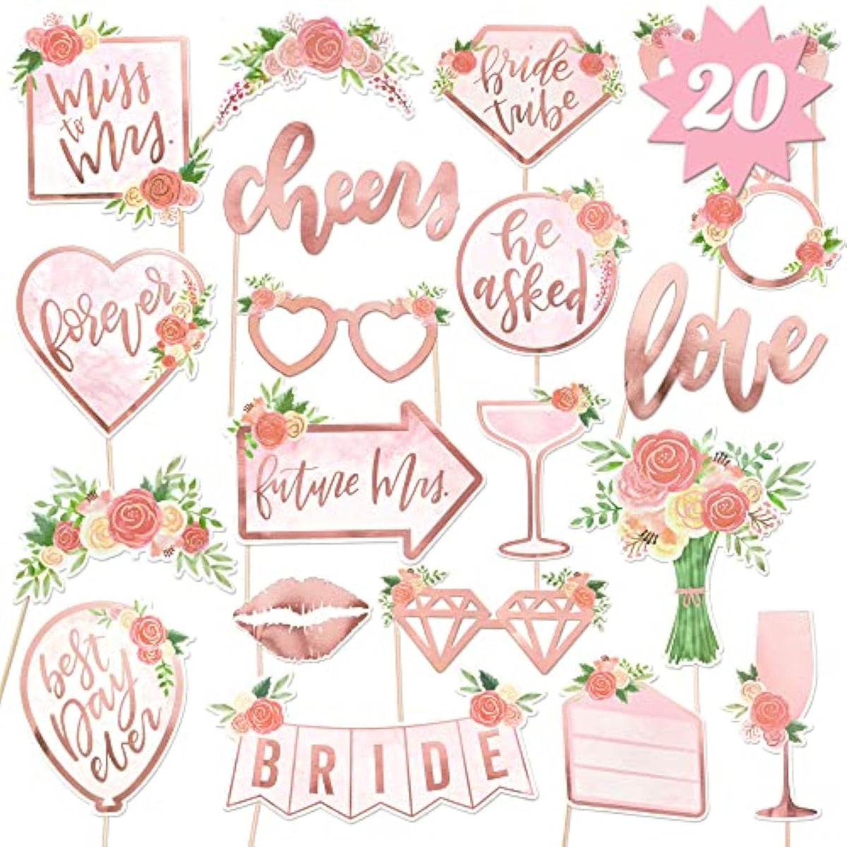 Bridal Shower, Wedding Photo Booth Props - 20 Pieces, Pre-Assembled - Rose Gold Bachelorette Party Decorations, Bride To Be, Miss To Mrs
