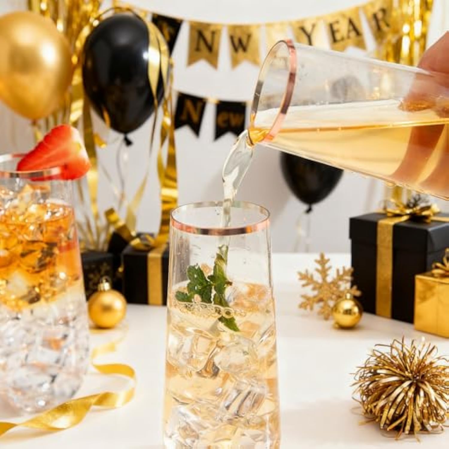 24 Pack Rose Gold Plastic Champagne Flutes - 9 Oz Disposable Champagne Glasses - Stemless Mimosa Glass For Parties & Weddings & Birthdays