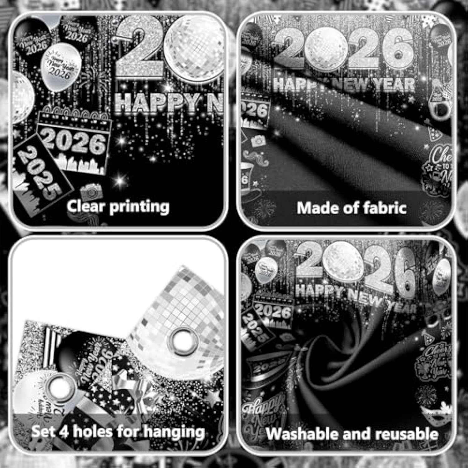 Happy New Year 2026 Photo Backdrop 70.8x78.7in Silver Disco Party Banner