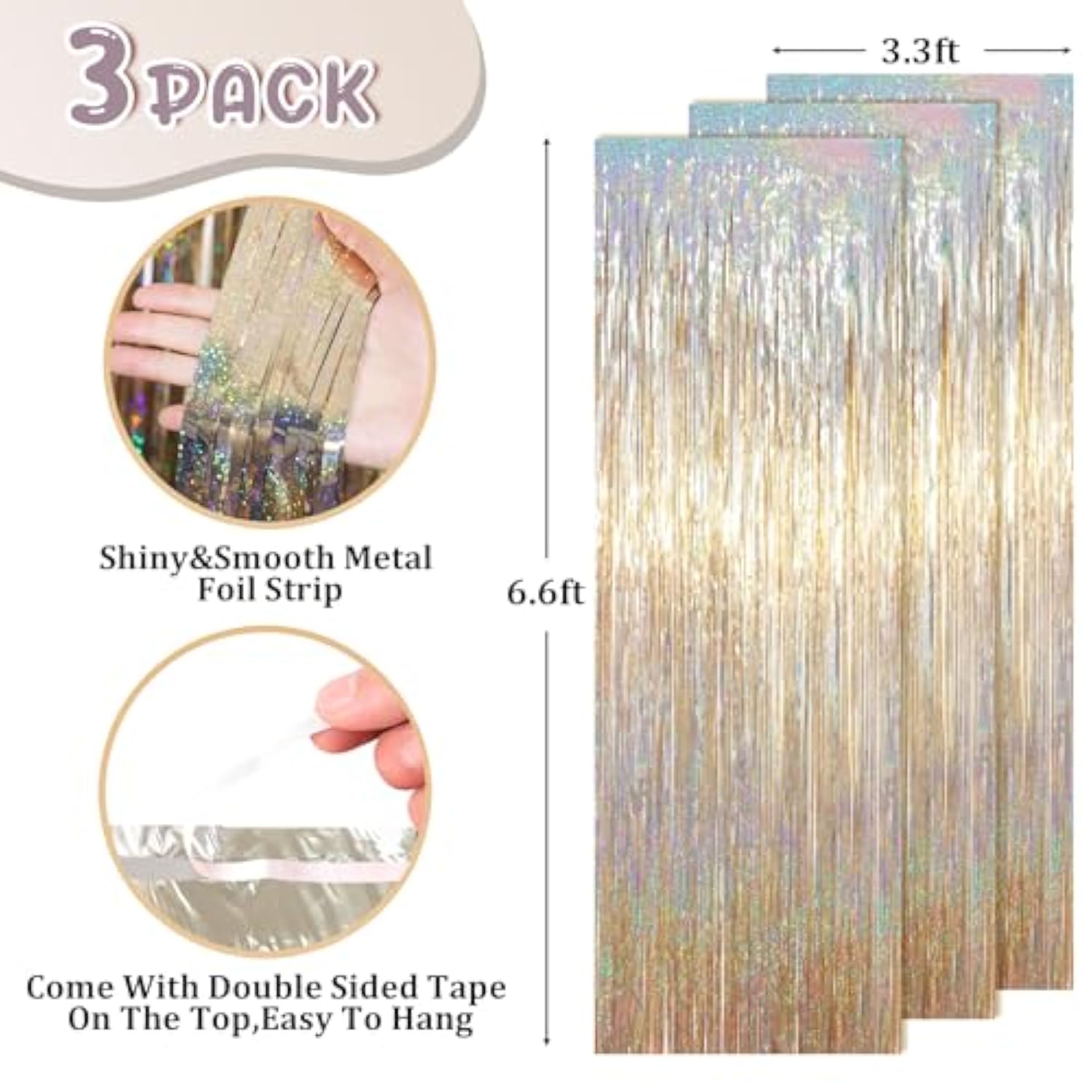 3 Pack 3.3 X 6.6 Ft Champagne Foil Fringe Backdrop, Tinsel Streamers Party Decorations, Fringe Backdrop For Birthday, Photo Booth Props For Bachelorette, New Years Eve Party Supplies
