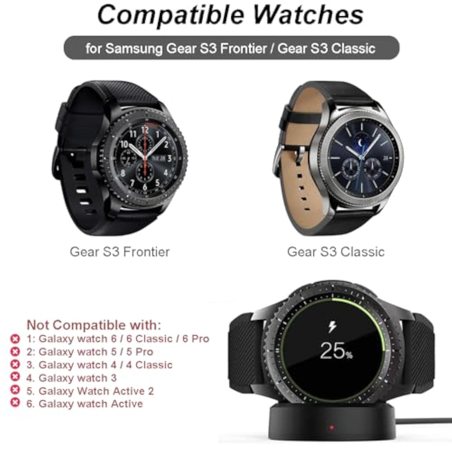 Gear S3 Charger, Gear S3 Smart Watch Charging Cradle Dock For Samsung Gear S3 Classic/Frontier Smart Watch (2-Pack)