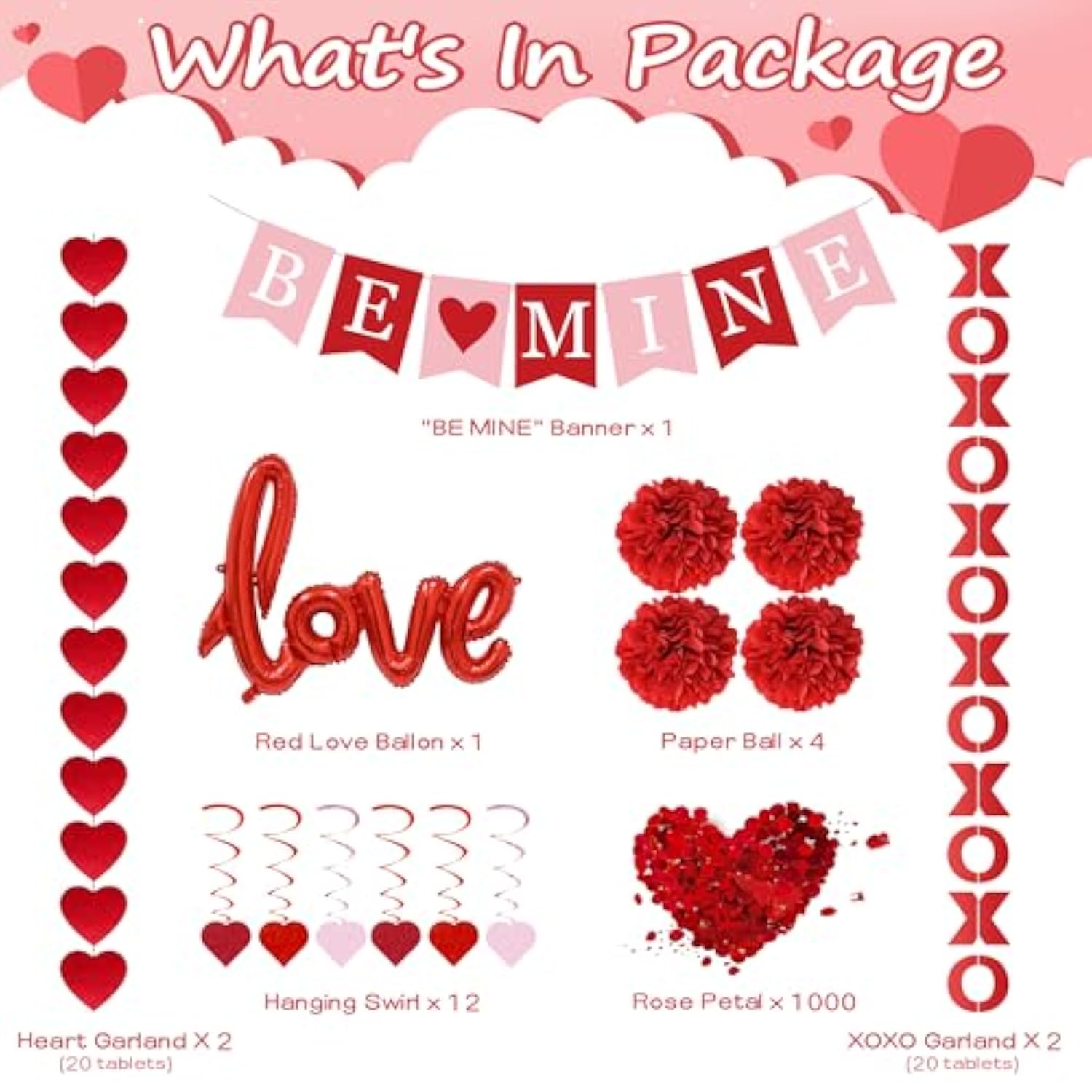 Red Valentine'S Day Decoration Set, Be Mine Banner, Love Heart Xo Garlands, Rose Petals, Hanging Swirls, Foil Love Balloons For Party Home Classroom Wedding Bedroom Office