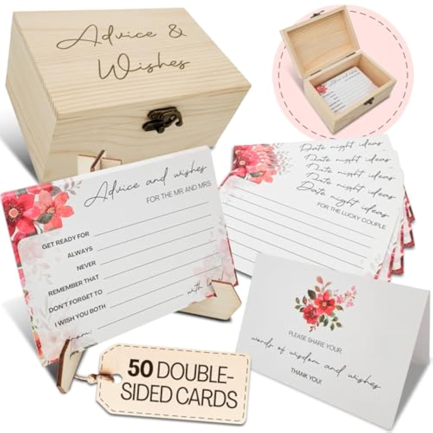 Advice And Wishes For The Mr And Mrs – 50 Double-Sided Wedding Advice Cards With Wooden Box & Easel, Bridal Shower Decorations, Games For Bride And Groom, Reception Guest Book Alternative, Best Wishes