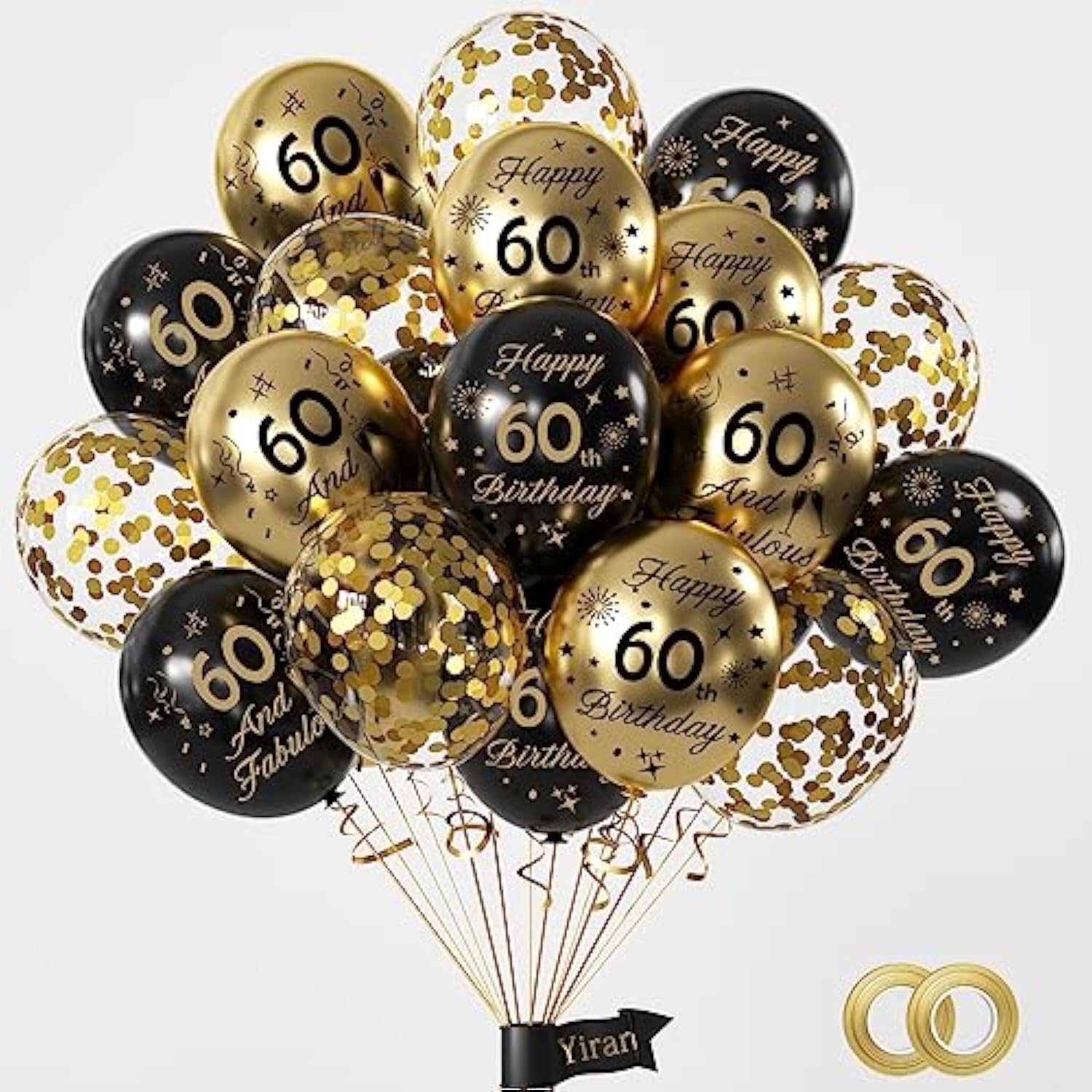 60Th Birthday Balloons, Black Gold Number 60 Balloons, 15Pcs Happy Birthday Balloons Party Deocorations Supplies, 12Inch Latex Confetti Balloons For Adult Men Women
