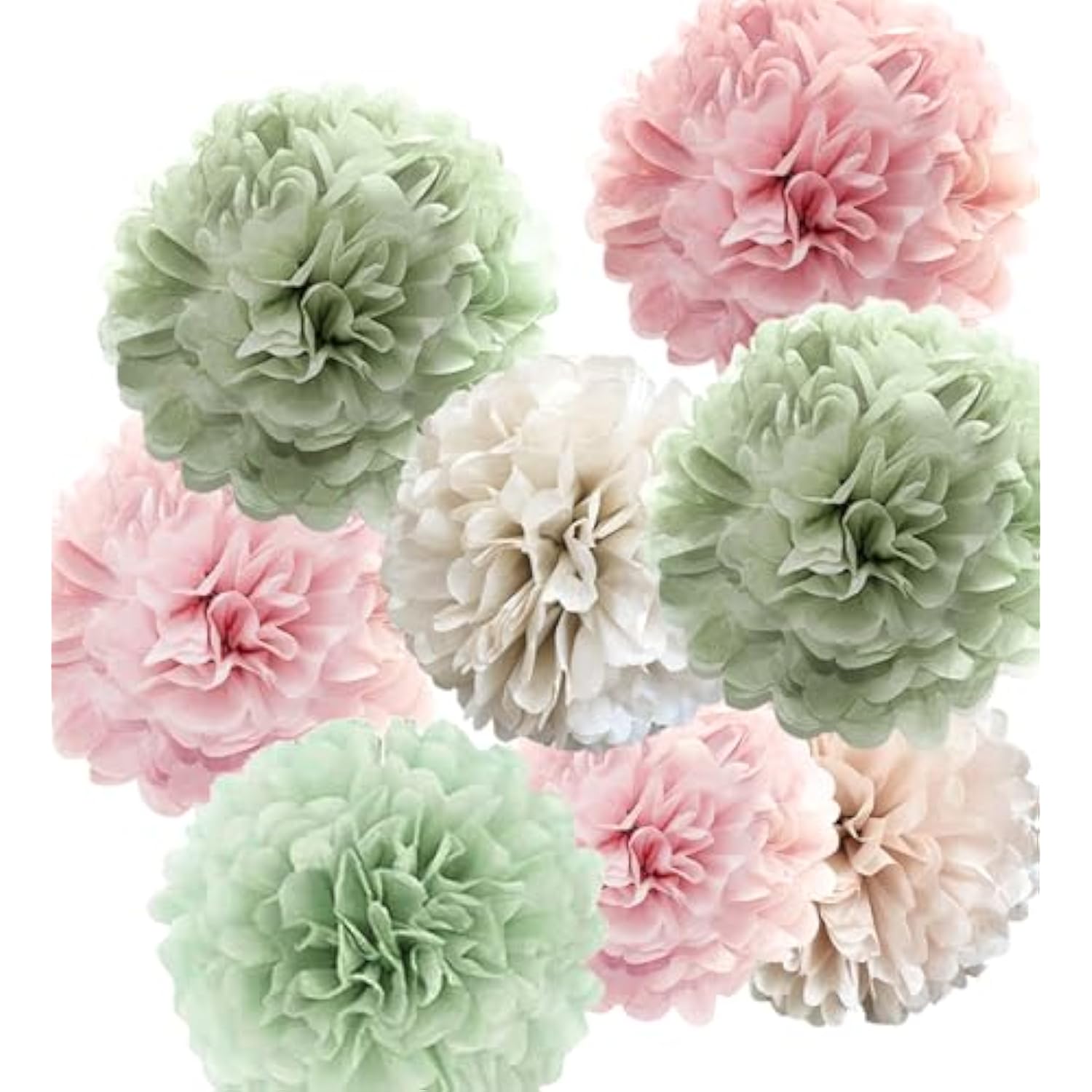Tissue Paper Pom Poms Kit -Rose Pink And Sage Green Paper Flowers 12Pieces For Gender Baby Shower Wedding Bridal Bachelorette Birthday Party Decorations (Green + Pink)