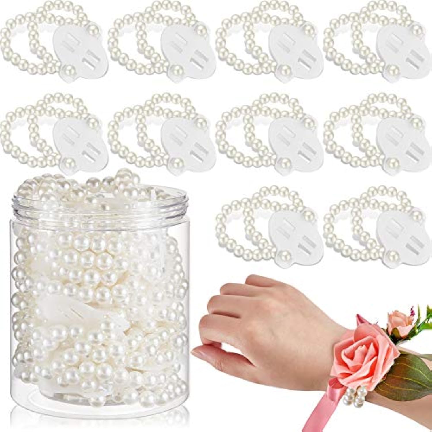 16 Pieces Corsage Wristlet Bracelet Wrist Corsage Prom Elastic Pearl Bands Wedding Corsages Pearl Bracelet Wedding Wristlets Diy Wrist Corsages Accessories For Bridesmaid Bridal Shower Party