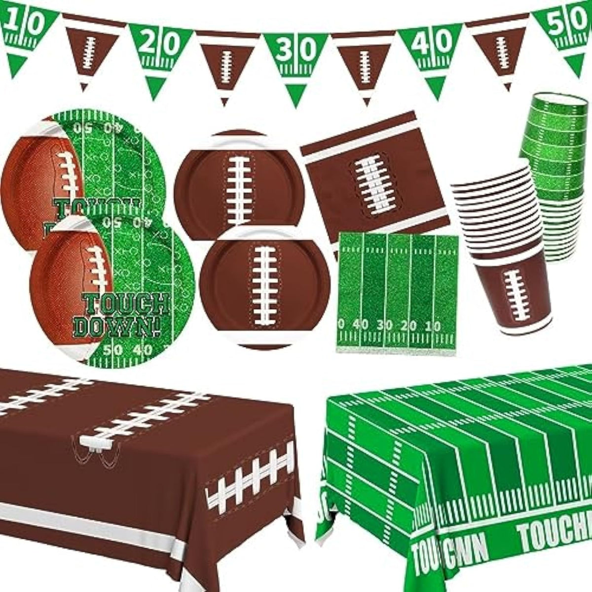 Football Party Supplies Kit Serve 24,Includes Dinner Plates, Dessert Napkins, Cups,Banner And Touchdown Tablecloth For Birthday Gameday Tailgate Decorations, Green (2023053002)