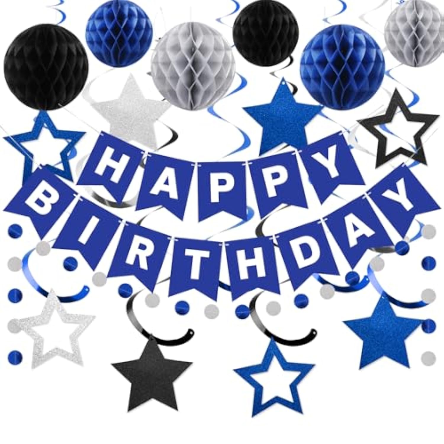 Birthday Decorations, Happy Birthday Banner With Honeycomb Balls, Star Hanging Swirl Streamer, Circle Dot Garland, Happy Birthday Party Decorations For Women Men Boys Girls (Blue & Silver)
