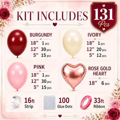 Burgundy Pink Balloon Arch Kit Birthday Decorations, 131 Balloons