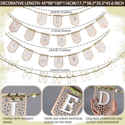 4 Pcs Ramadan Eid Mubarak Wood Bead Garland Eid Mubarak Ramadan Hanging Banner Garland Farmhouse Wooden Rustic Neutral Hanging Decor for Party Fireplace Home Wall Sign Decoration