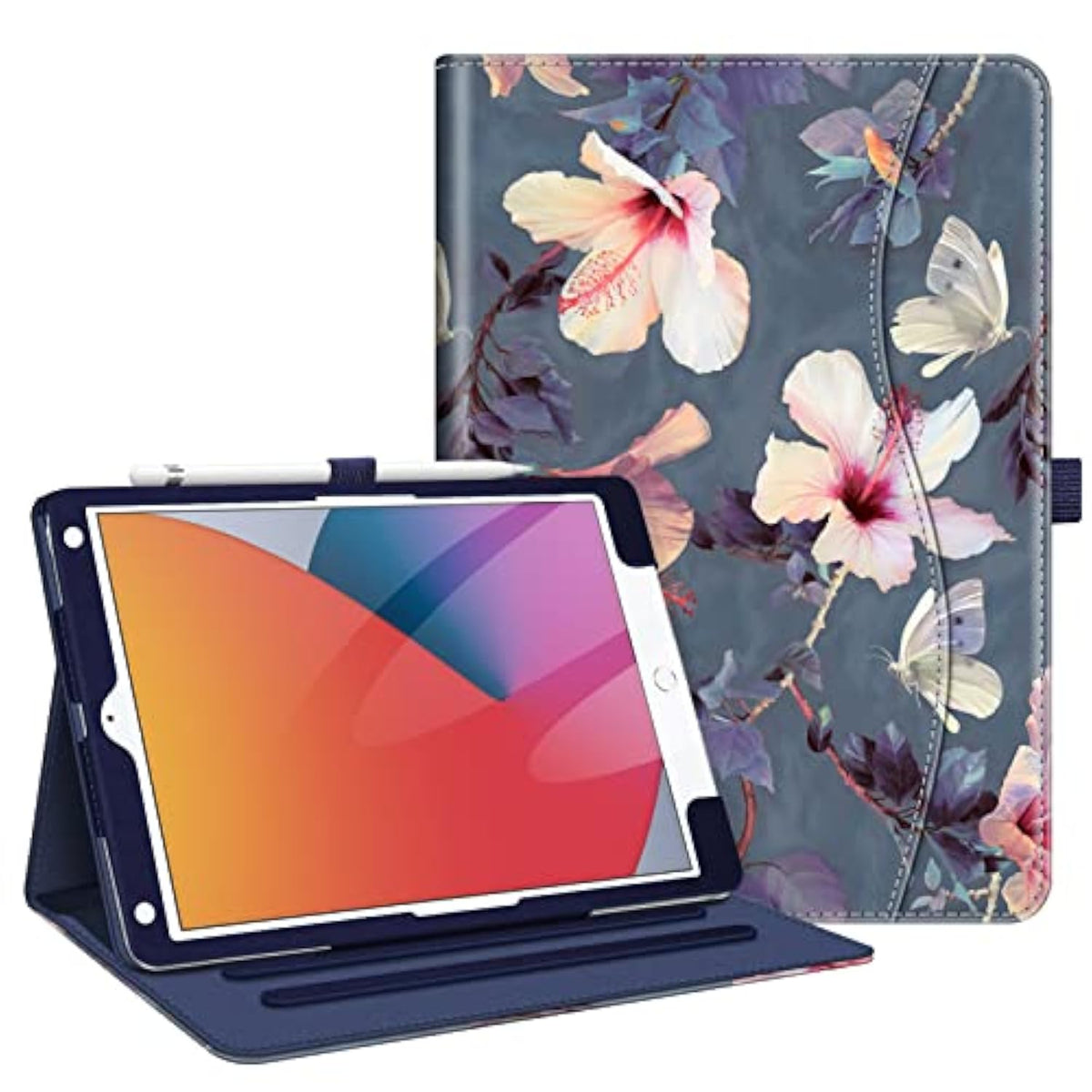 Fintie Case For 9Th / 8Th / 7Th Generation (2021/2020/2019) 10.2 Inch - [Corner Protection] Multi-Angle Viewing Stand Cover With Pocket & Pencil Holder, Auto Sleep Wake, Blooming Hibiscus