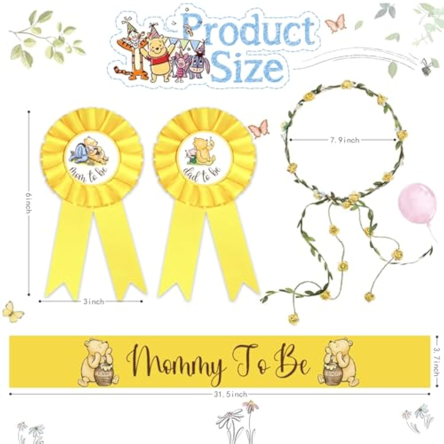 Winnie Mom To Be Sash For Baby Shower Decorations Dad To Be Pin And Yellow Flower Crown Headband Cute Satin Baby Shower Sash For Gender Reveal, Party Favors
