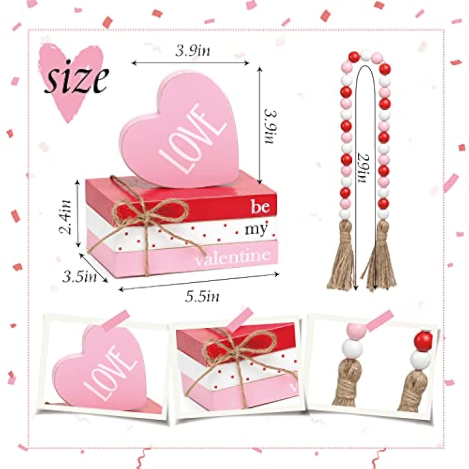 Valentine Tiered Tray Decor, Cute Wood Book Stack With Bead Garland For Valentine Decor, Love Be Mine Mini Faux Decorative Books Bundle, Farmhouse Valentine Decor For Table Mantle Shelves