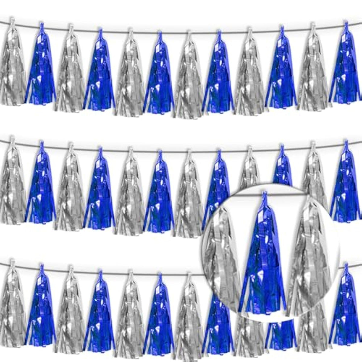 3P Navy-Blue Silver Metallic Fringe Tassel Banner Garland Foil Tinsel Streamer Wall Hanging Curtain Backdrop Banner For Parade Floats, Graduation Bridal/Baby Shower Retirement Party Decorations