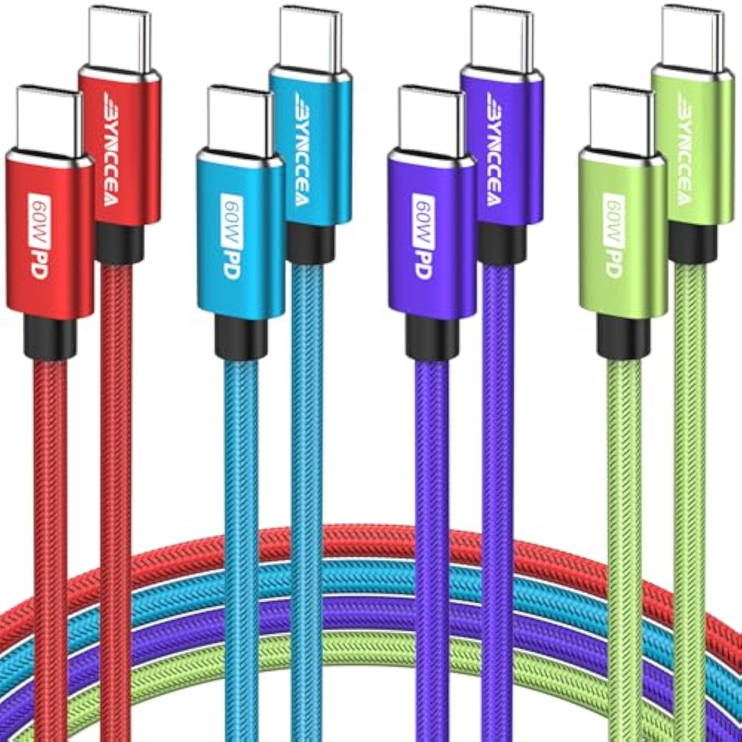 Usb C To Usb C Cable 4-Pack 10Ft C To C Cable Fast Charging C Cable, 60W(5A) Nylon Braided Type C Cables For Phone 16/15 Series Samsung S24/23