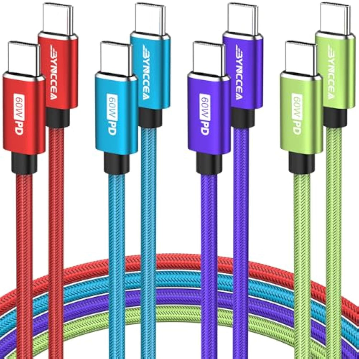 Usb C To Usb C Cable 4-Pack 10Ft C To C Cable Fast Charging C Cable, 60W(5A) Nylon Braided Type C Cables For Phone 16/15 Series Samsung S24/23