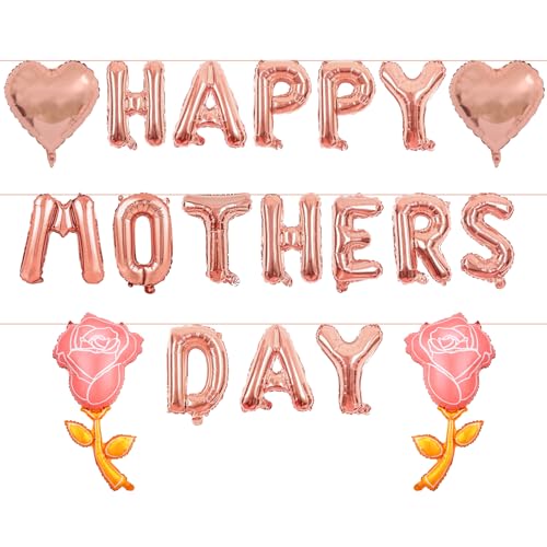 Mother's Day Balloons Rose Gold Happy Mothers Day Balloons Banner Heart Balloon Pink Rose Balloon for Mother's Birthday Theme Party Decorations & Gifts for Mom - 19 Pcs