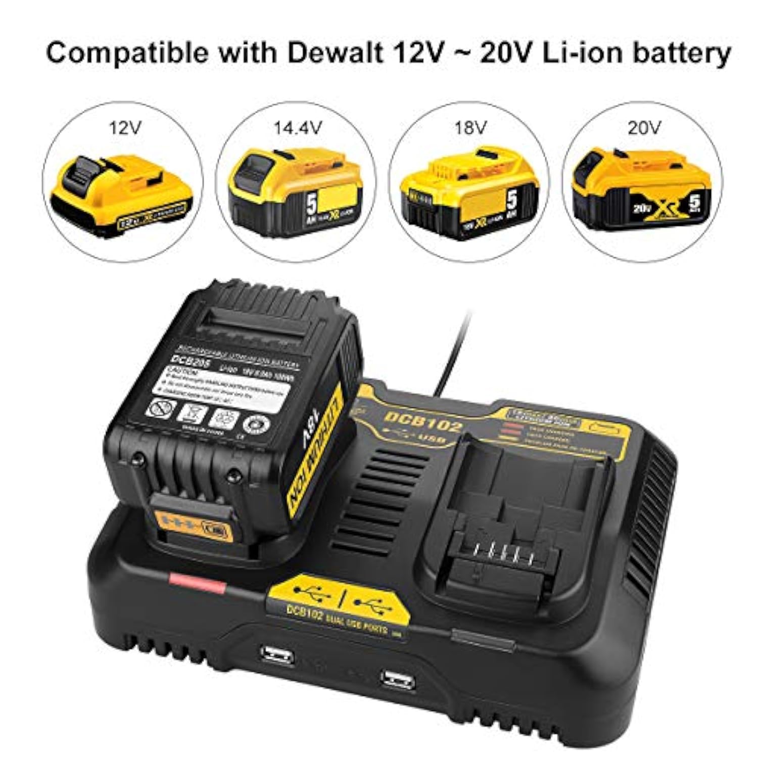2Port Dcb102 Charger Repalcement For Dewalt 12V/20V Battery Charger Compatible With Dewalt 20V Max Dcb200 Dcb203 Dcb125 Dcb107 2-Port Simultaneous Charging Station For Dewat 20 Volt Battery