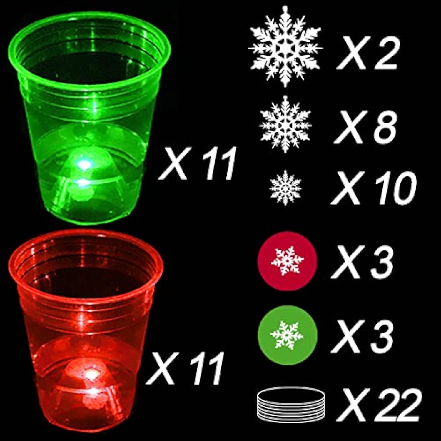 Yhfuisk 22Pcs Christmas Glowing Pong Set Party Game Light Up Pong Cups For Christmas Party With 6 Snowflake Balls, 20 Decoration Plastic Snowflakes, Red&Green1