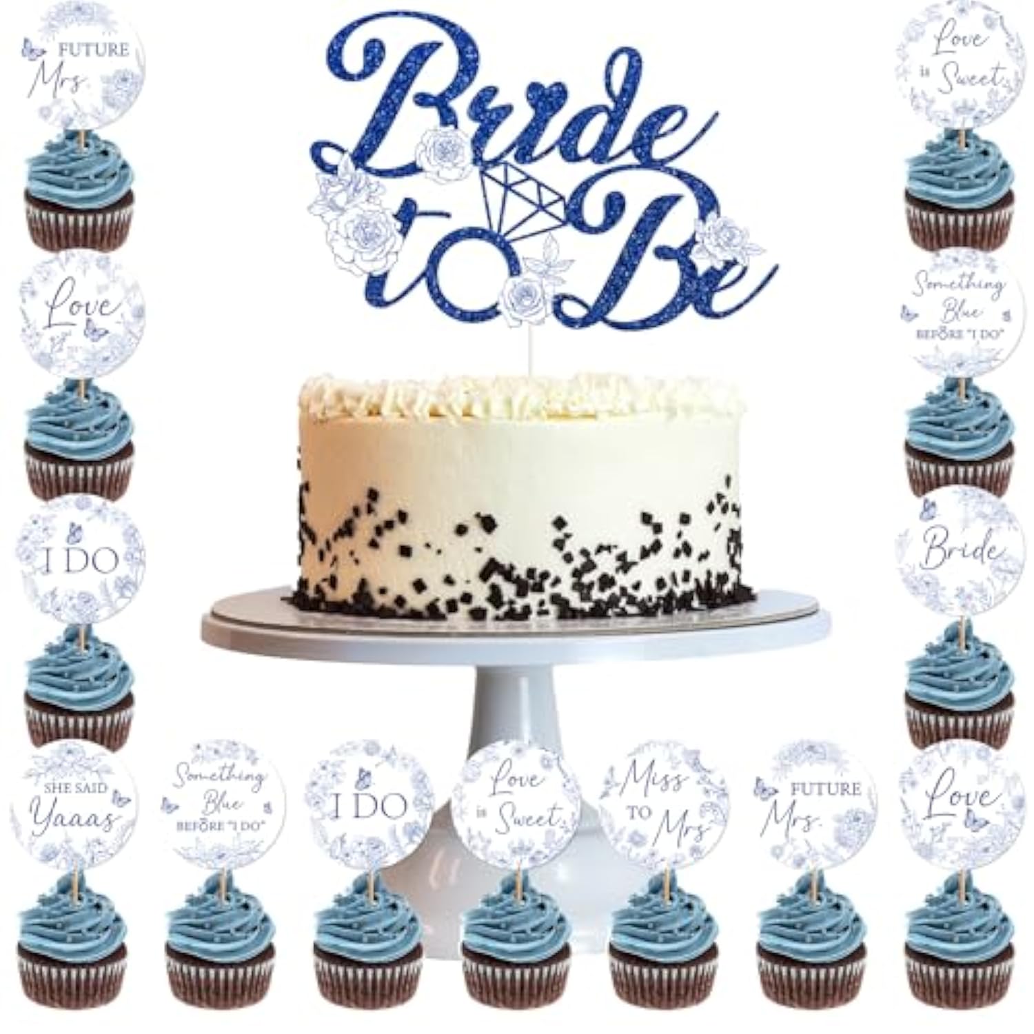 Bridal Shower Cupcake Toppers - 25 Pcs Something Blue Cake Decorations, Before I Do Bachelorette Bride To Be Engagement Wedding Party Supplies, Blue And White Floral Flower Table Decor Topper