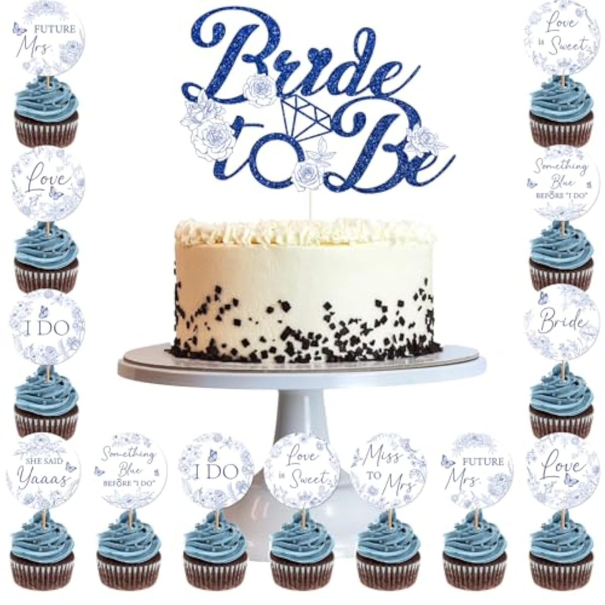 Bridal Shower Cupcake Toppers - 25 Pcs Something Blue Cake Decorations, Before I Do Bachelorette Bride To Be Engagement Wedding Party Supplies, Blue And White Floral Flower Table Decor Topper