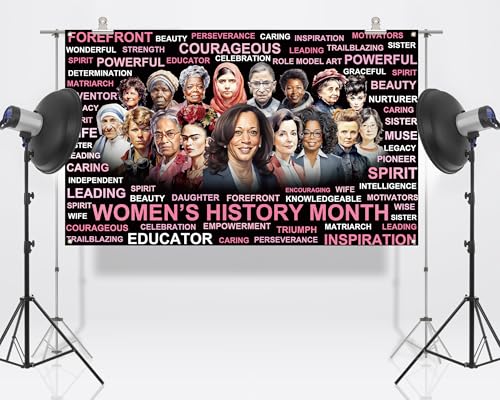 Women’s History Month Photo Booth Backdrop Pink National March Women's Day Decoration School Classroom Bulletin Board Decor (5.9×3.6ft)