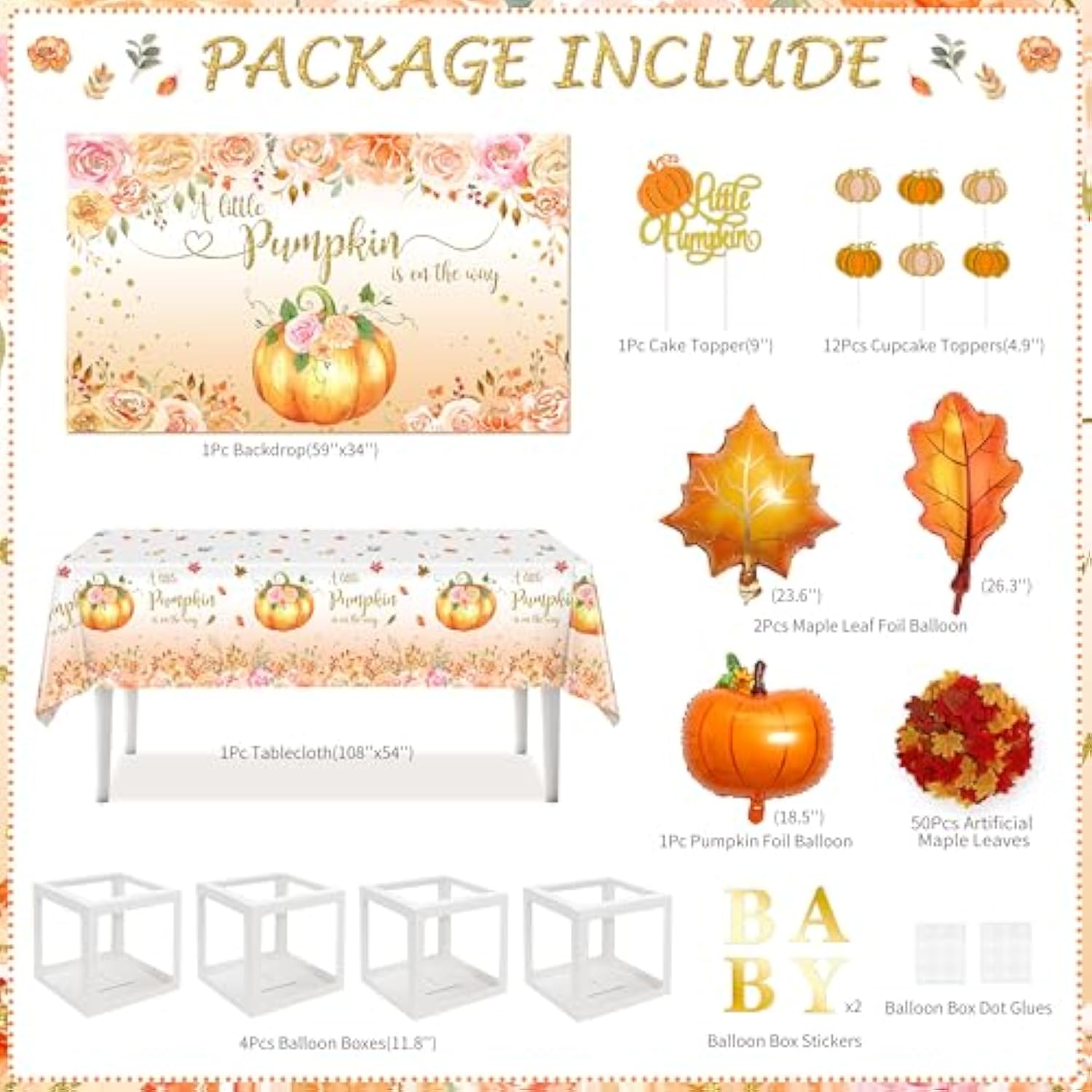 Little Pumpkin Fall Baby Shower Decorations Pumpkin Balloon Arch Kit with Backdrop Decor