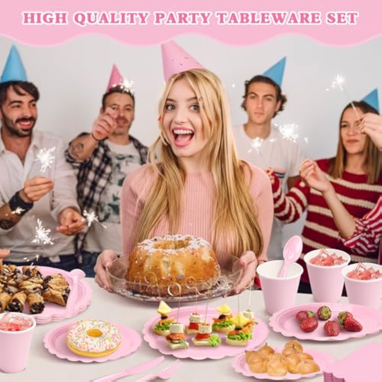 350Pcs Pink Paper Plates And Napkins Tableware Set (Serve 50), Pink Birthday Decorations Include Scalloped Plates Napkins Cups Plastic Spoons Forks Knives For Wedding, Baby Shower Birthday