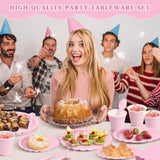 350Pcs Pink Paper Plates And Napkins Tableware Set (Serve 50), Pink Birthday Decorations Include Scalloped Plates Napkins Cups Plastic Spoons Forks Knives For Wedding, Baby Shower Birthday