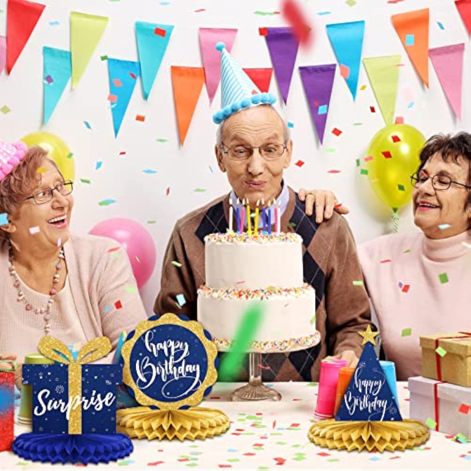 8-Piece Blue and Gold Birthday Honeycomb Centerpieces for Party Decorations