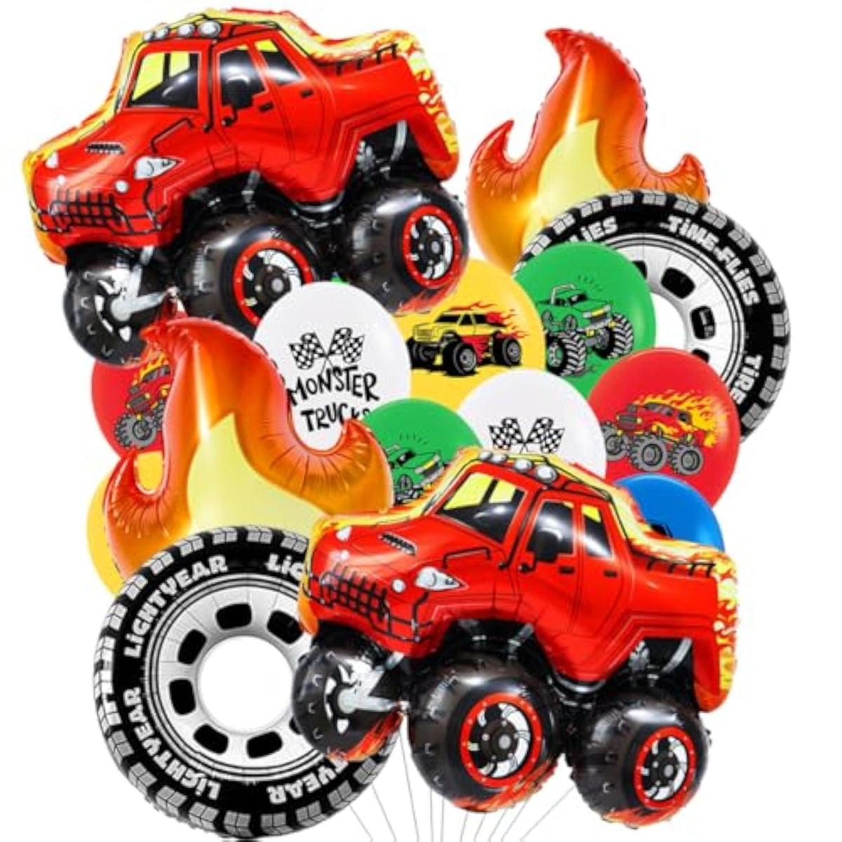 Monster Truck Theme Birthday Party Decorations - Wheels And Fire Balloons, Happy Birthday Truck Shaped Balloons For Girls Boys Baby Shower Wedding Party Supplies